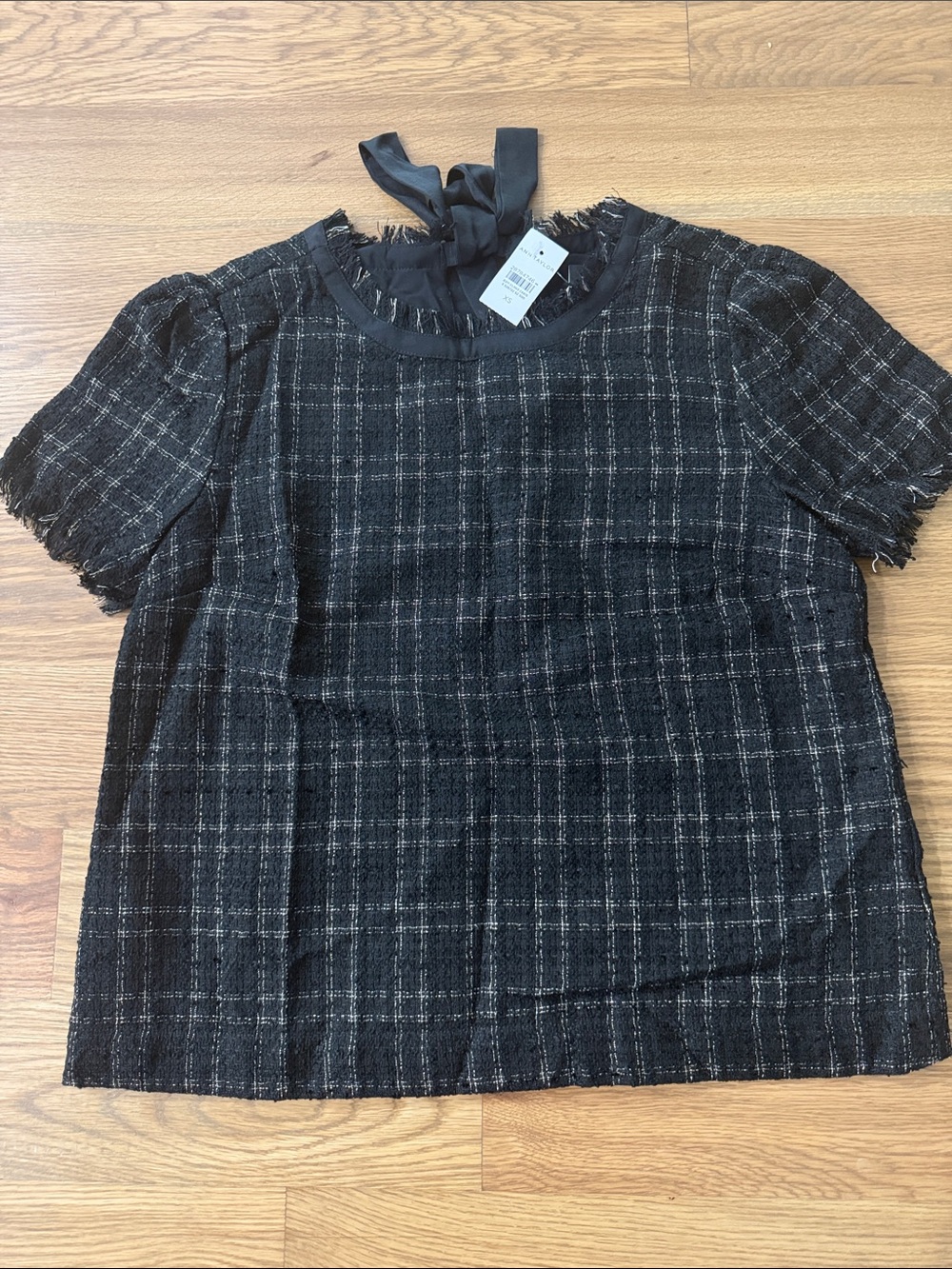 Ann Taylor Tweed Black Plaid Short-Sleeve Tie-Neck Blouse
